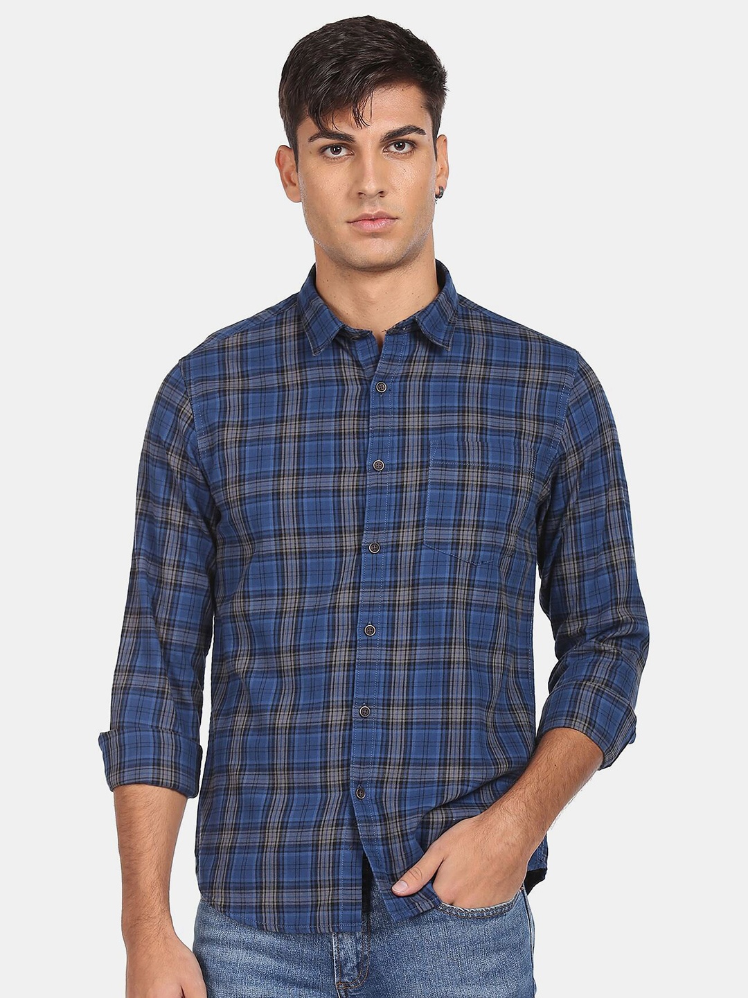 

Flying Machine Men Blue Regular Fit Tartan Checked Cotton Casual Shirt