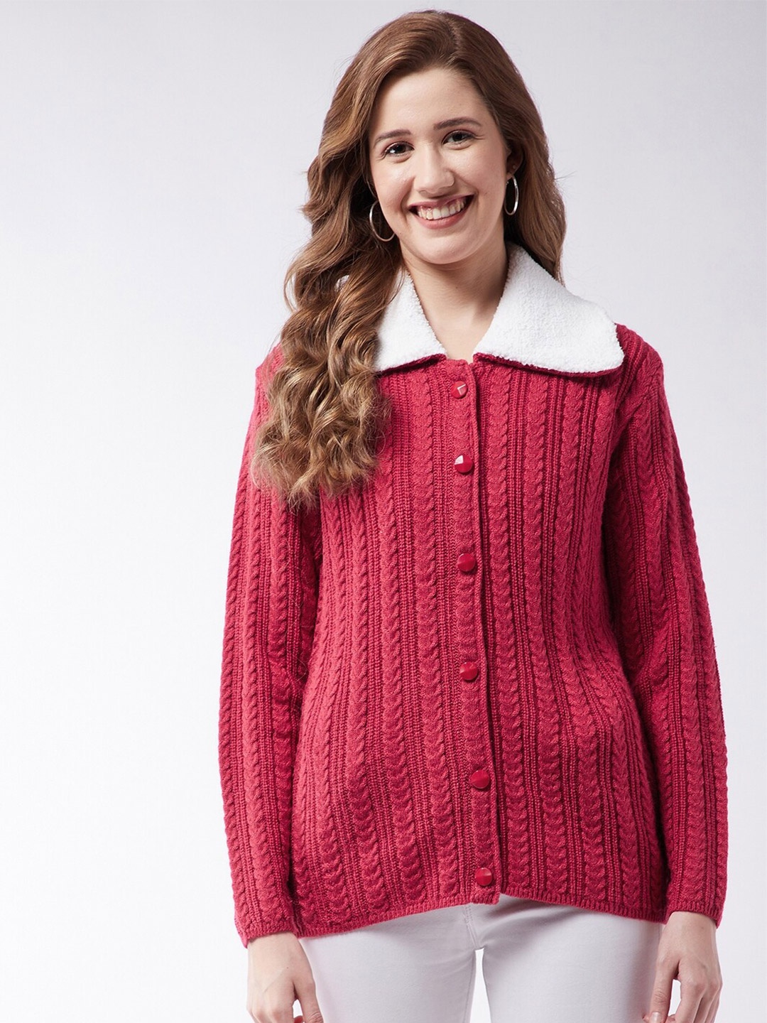 

Modeve Women Red & White Cable Knit Cardigan