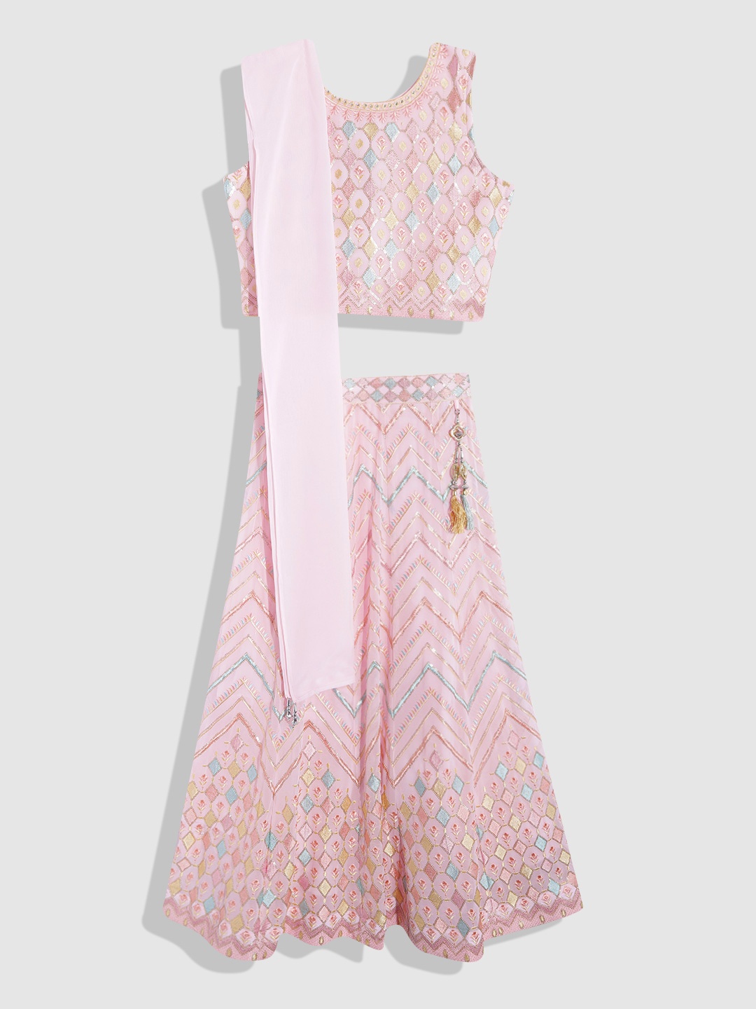

YK Girls Pink Sequinned Ready to Wear Lehenga & Blouse With Dupatta