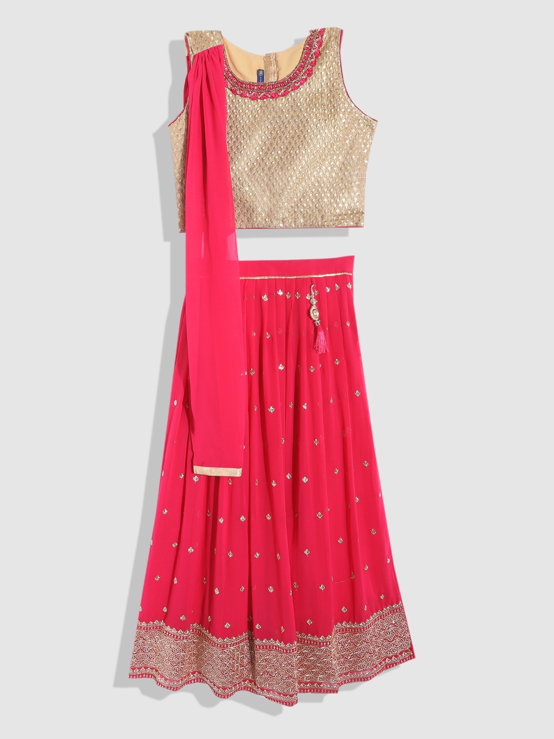 

YK Girls Fuchsia & Gold-Toned Embellished Sequinned Ready to Wear Lehenga & Blouse With Dupatta