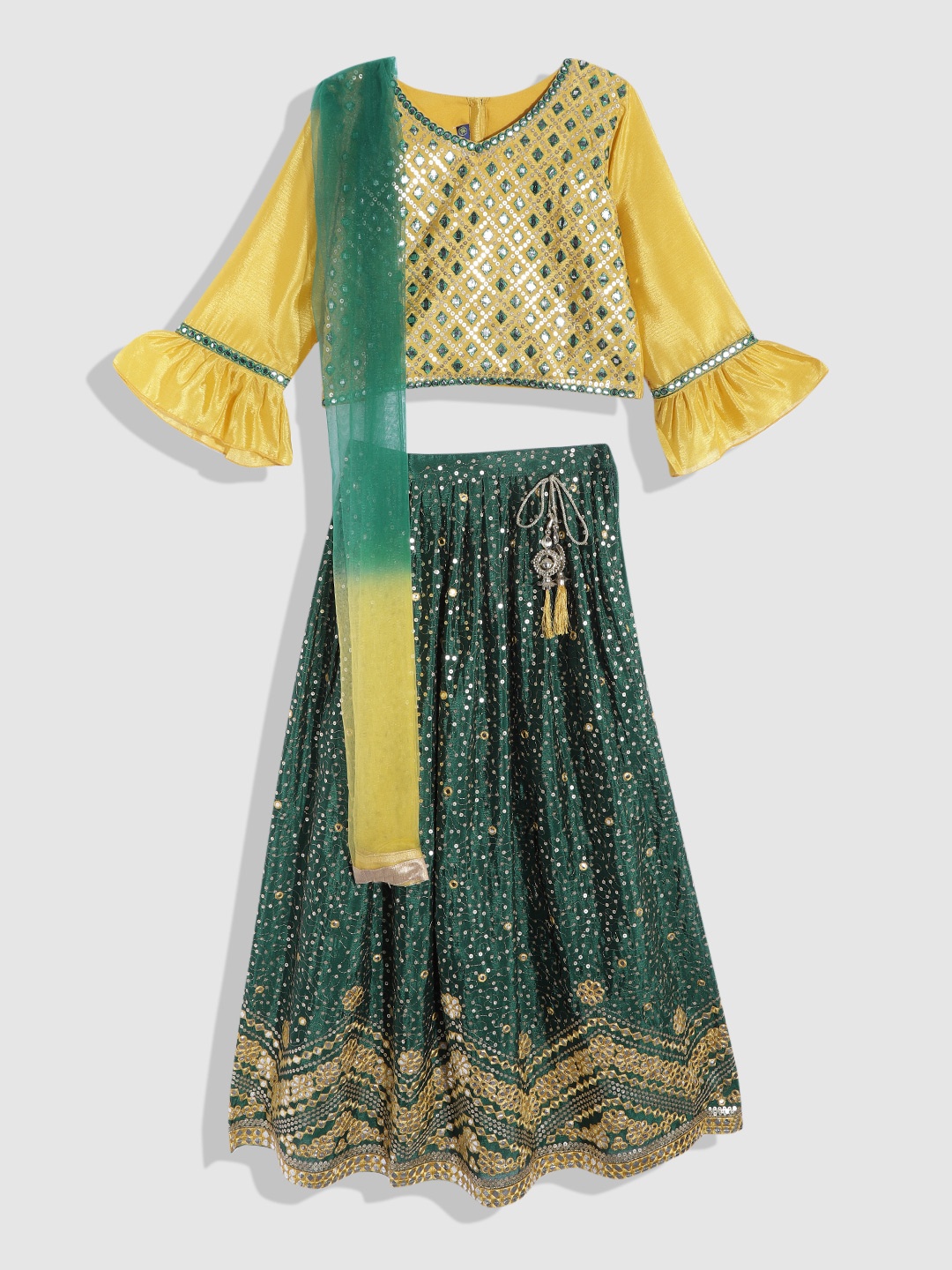 

YK Girls Mustard & Green Embellished Sequinned Ready to Wear Lehenga & Blouse With Dupatta