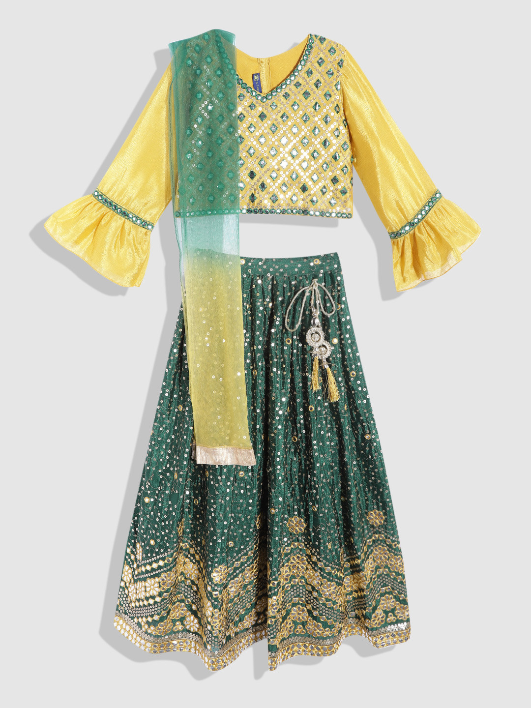 

YK Girls Mustard & Green Embellished Sequinned Ready to Wear Lehenga & Blouse With Dupatta