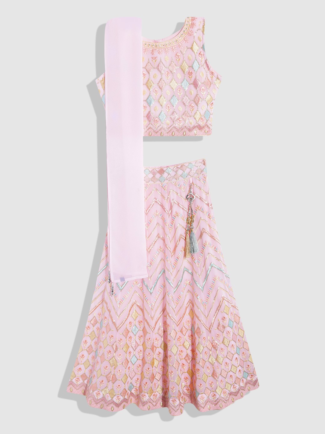 

YK Girls Pink Embellished Sequinned Ready to Wear Lehenga & Blouse With Dupatta