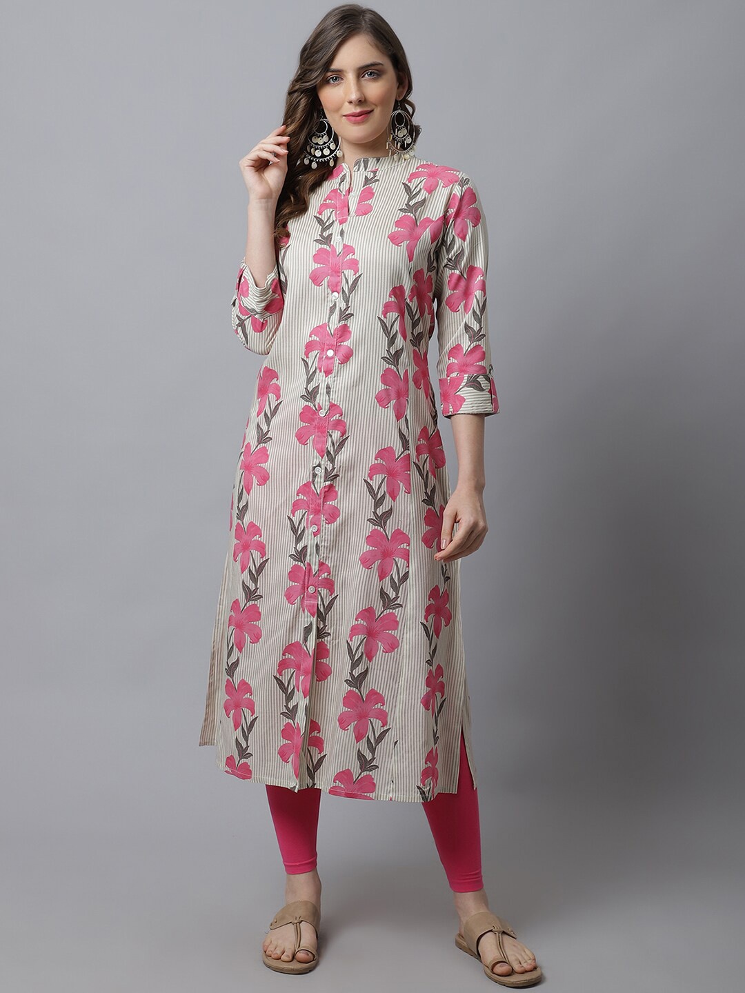 

Pistaa Women Pink & Grey Floral Printed Floral Kurta