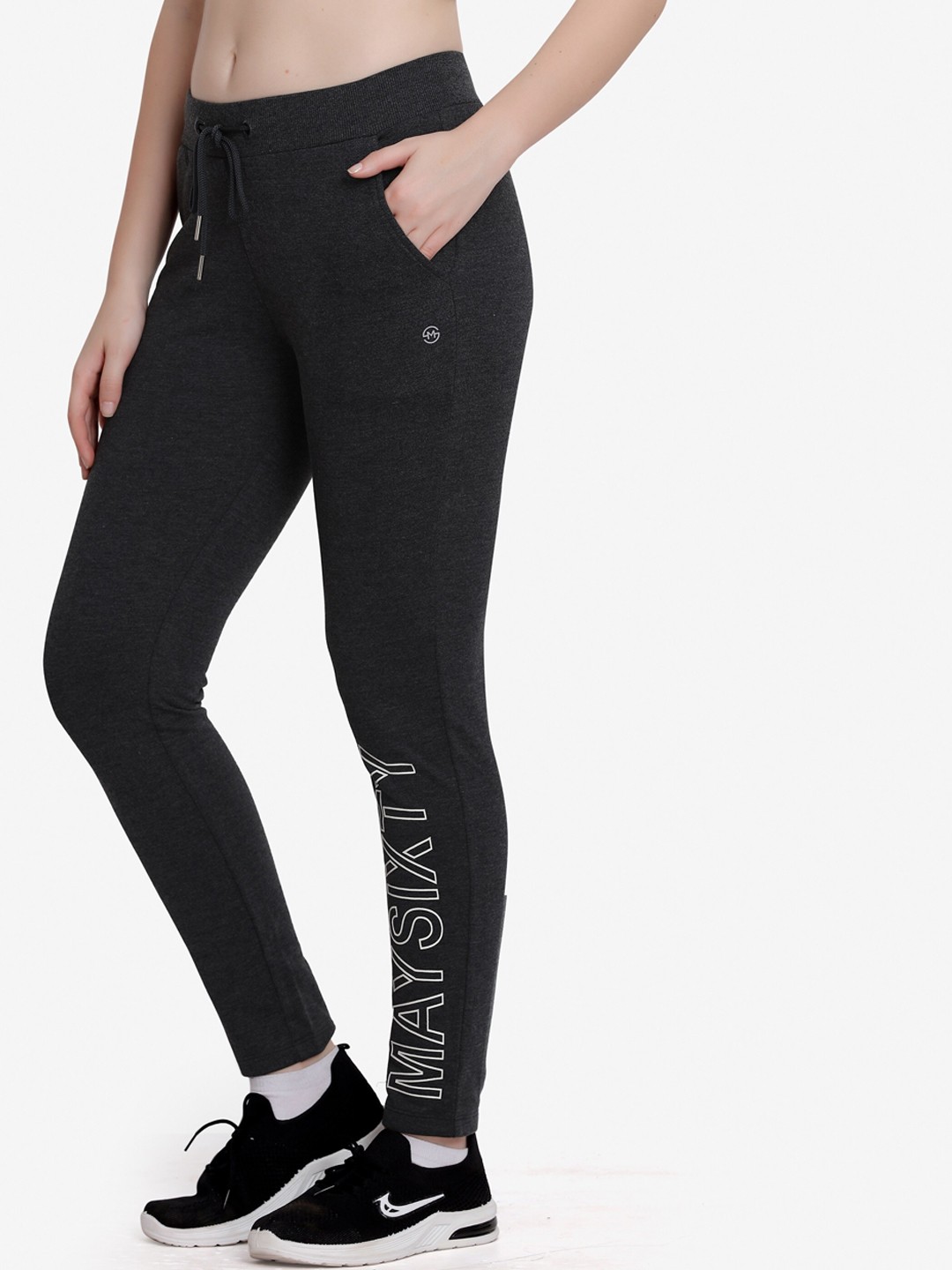 

MAYSIXTY Women Grey Melange Printed Cotton Slim-Fit Track Pants