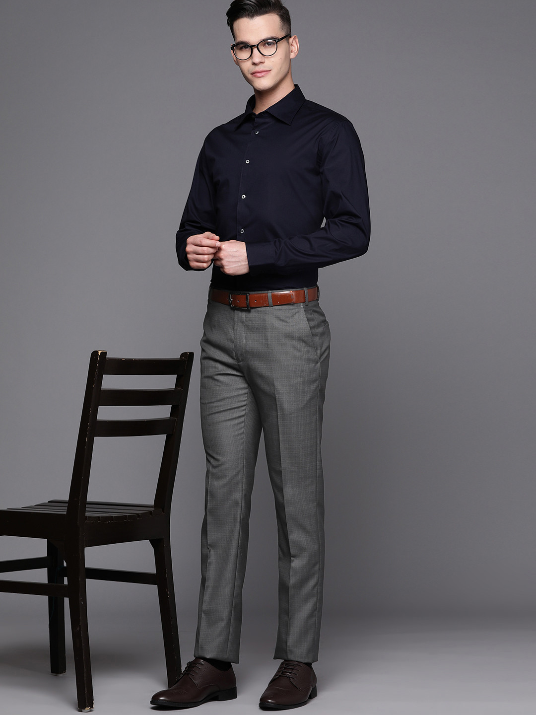 

Raymond Men Self Checked Slim Fit Flat Front Formal Trousers, Grey