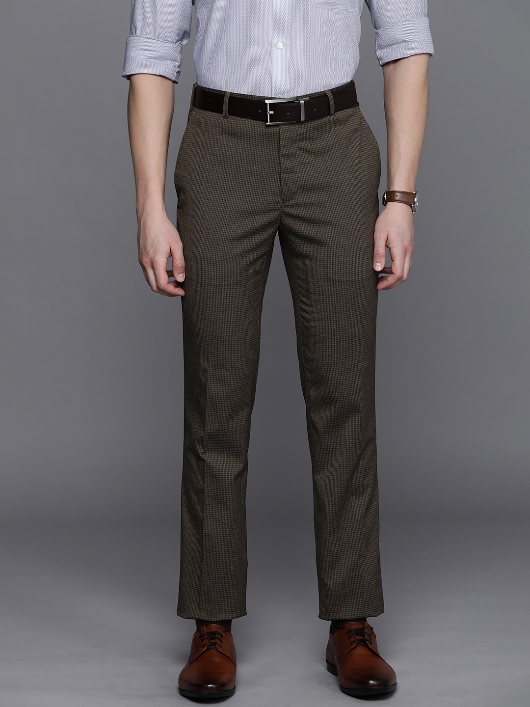 

Raymond Men Checked Slim Fit Formal Trousers, Brown