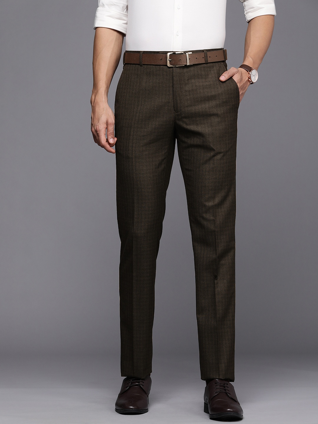 

Raymond Men Checked Slim Fit Formal Trousers, Brown