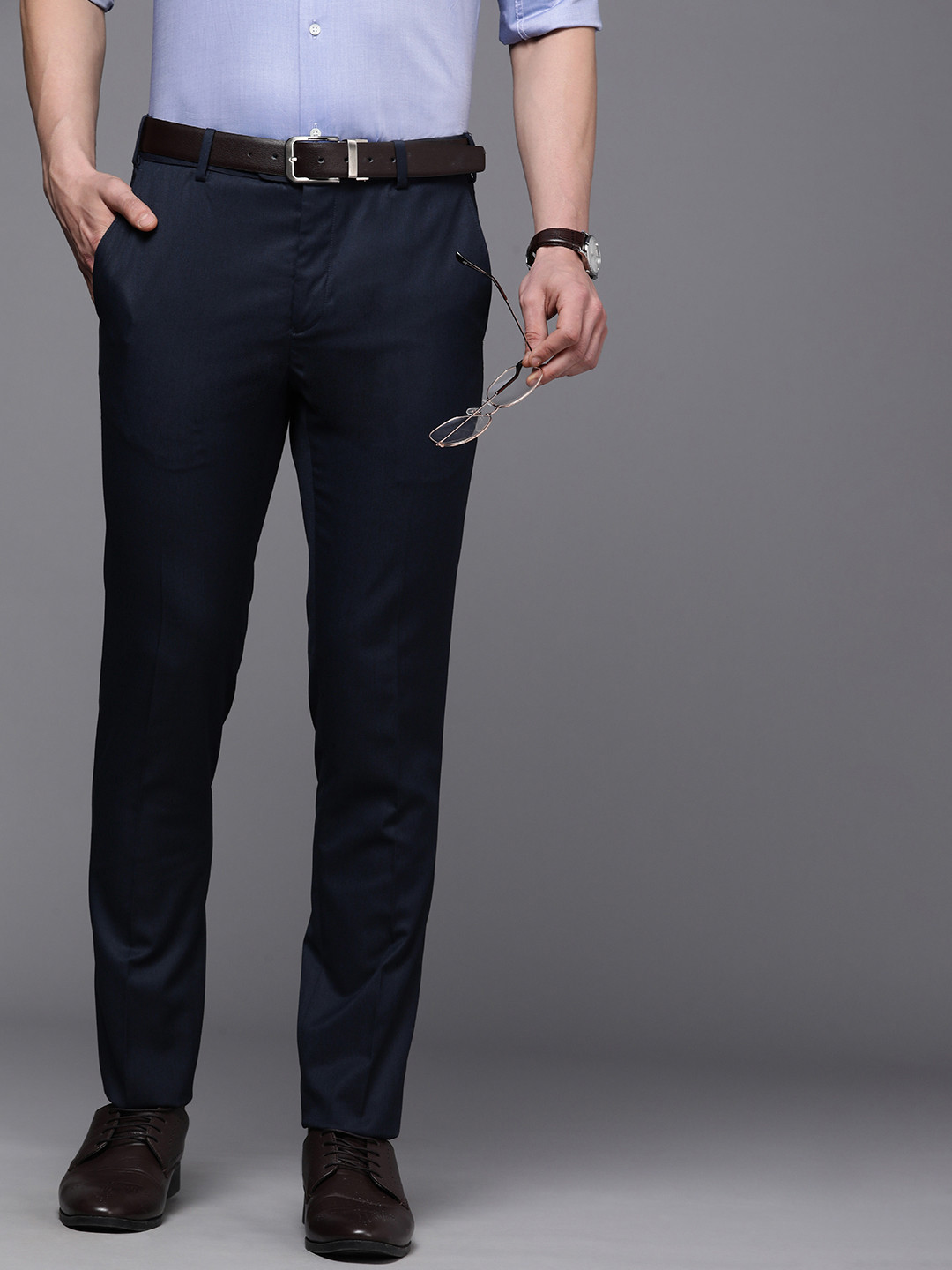 

Raymond Men Solid Slim Fit Formal Trousers, Navy blue