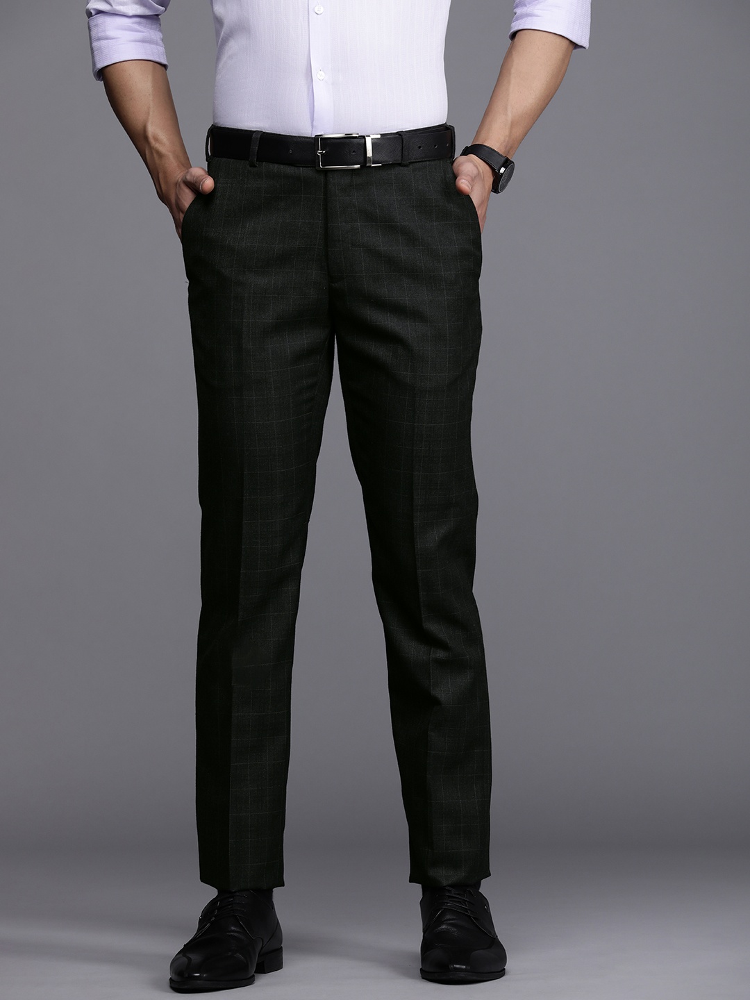 

Raymond Men Dark Grey Checked Slim Fit Flat-Front Formal Trousers