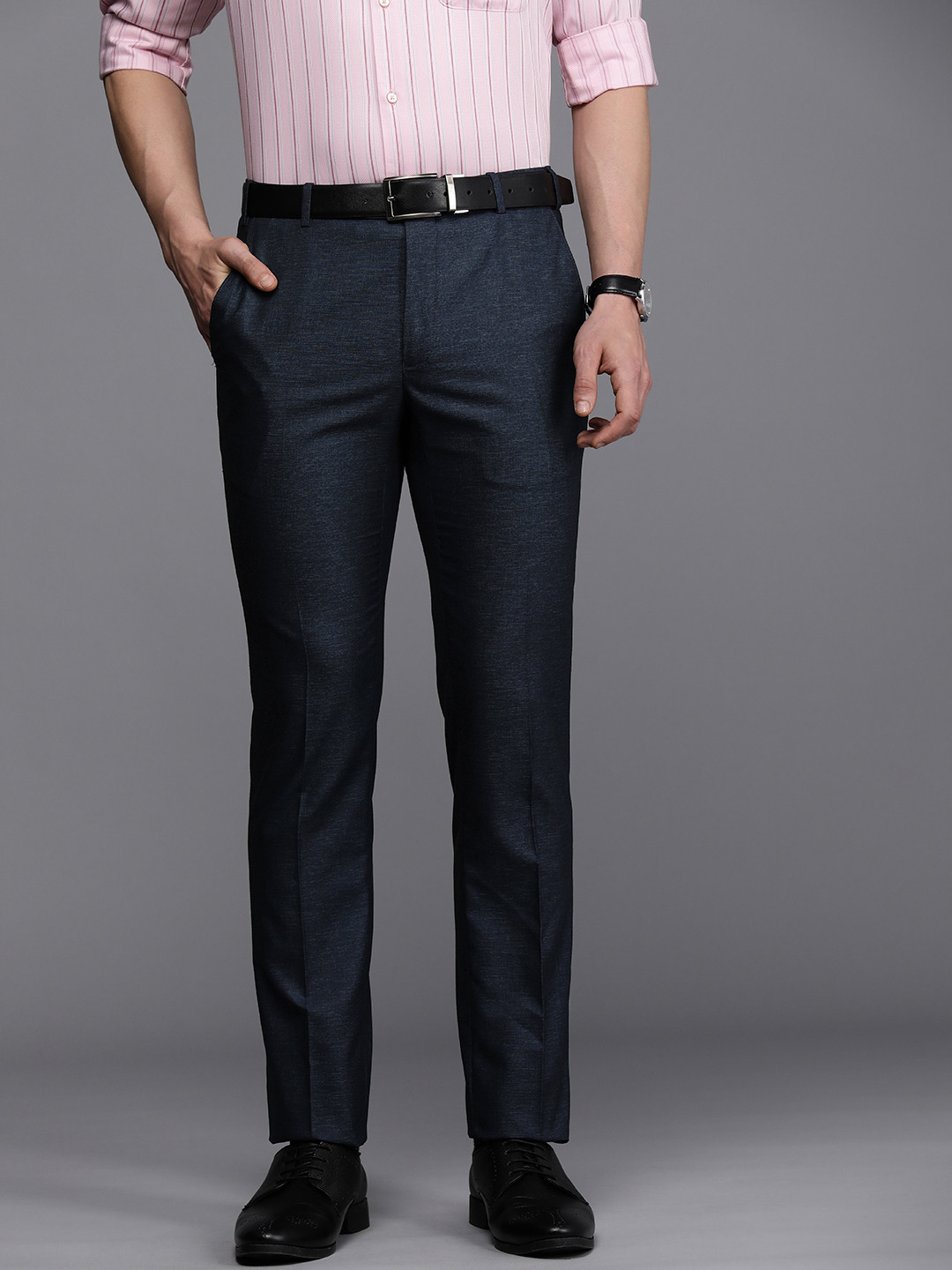 

Raymond Men Solid Slim Fit Formal Trousers, Navy blue