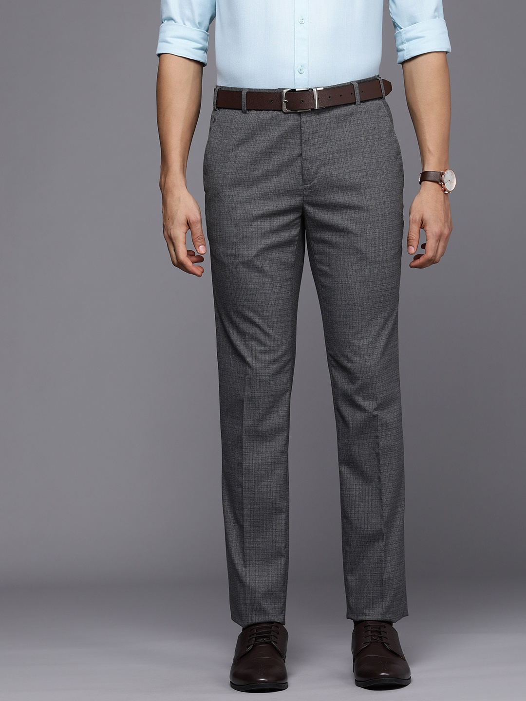 

Raymond Men Checked Slim Fit Flat Front Formal Trousers, Grey