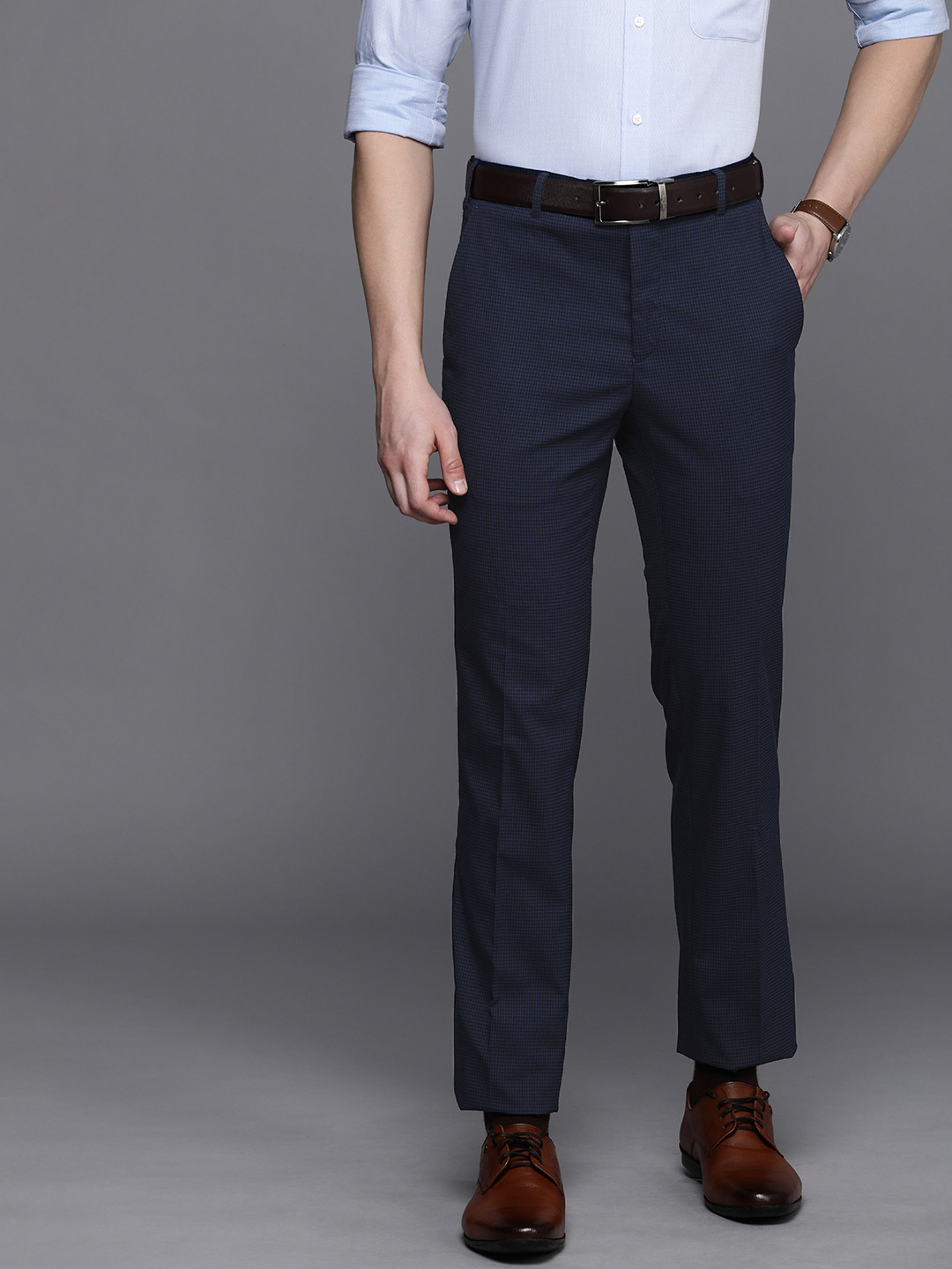 

Raymond Men Checked Slim Fit Formal Trousers, Blue