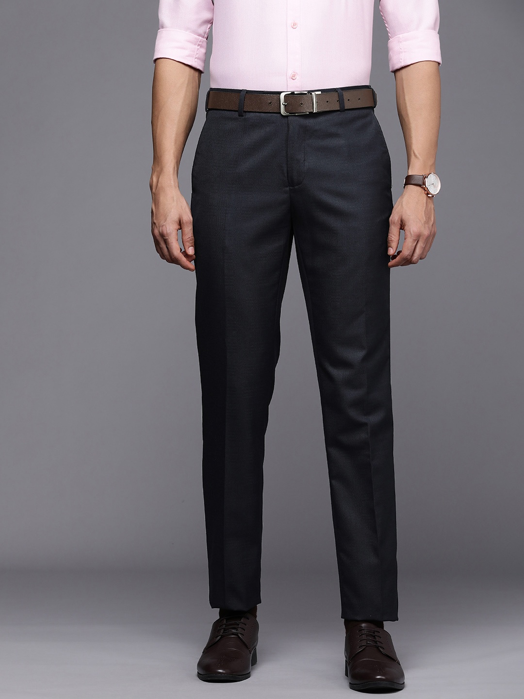 

Raymond Men Textured Slim Fit Formal Trousers, Navy blue
