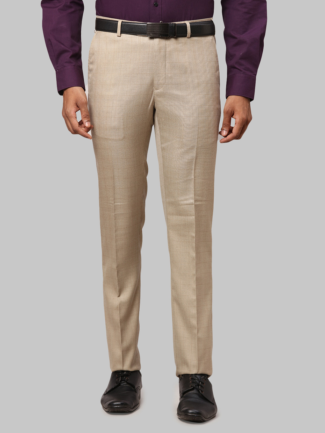 

Raymond Men Beige Checked Slim Fit Flat-Front Formal Trousers