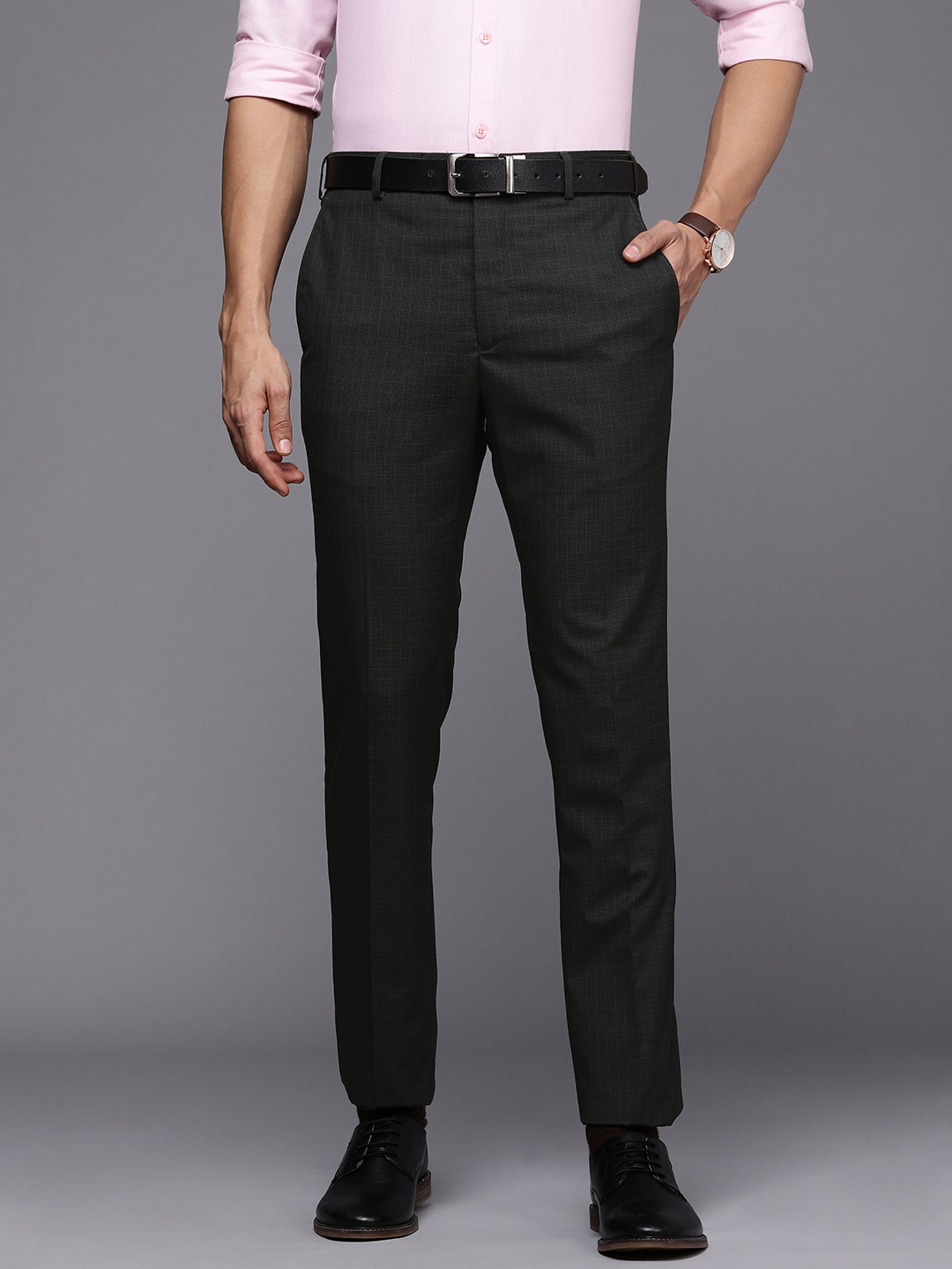

Raymond Men Checked Slim Fit Formal Trousers, Charcoal