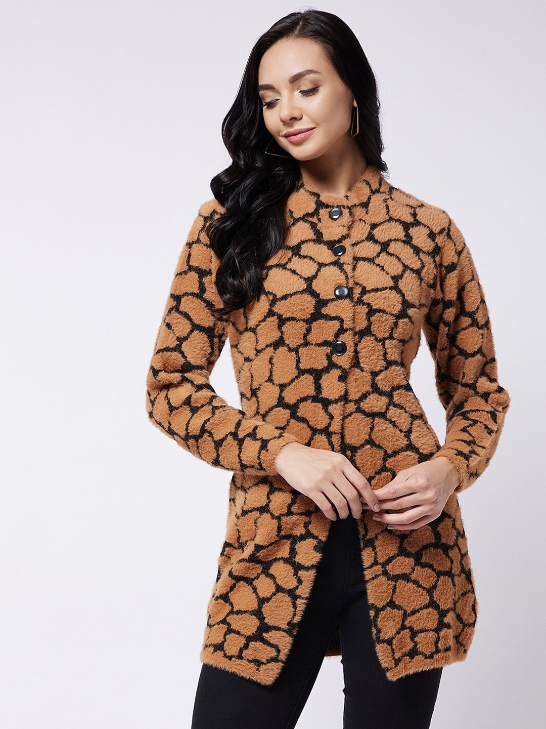 

Modeve Women Tan & Black Floral Longline Cardigan