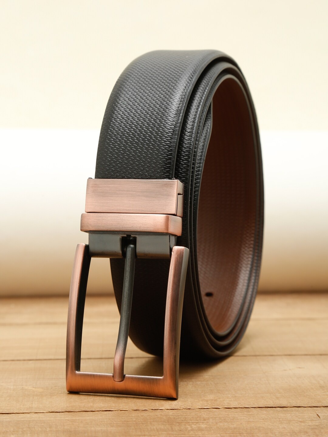 

Teakwood Leathers Men Black & Brown Textured Reversible Leather Formal Belt