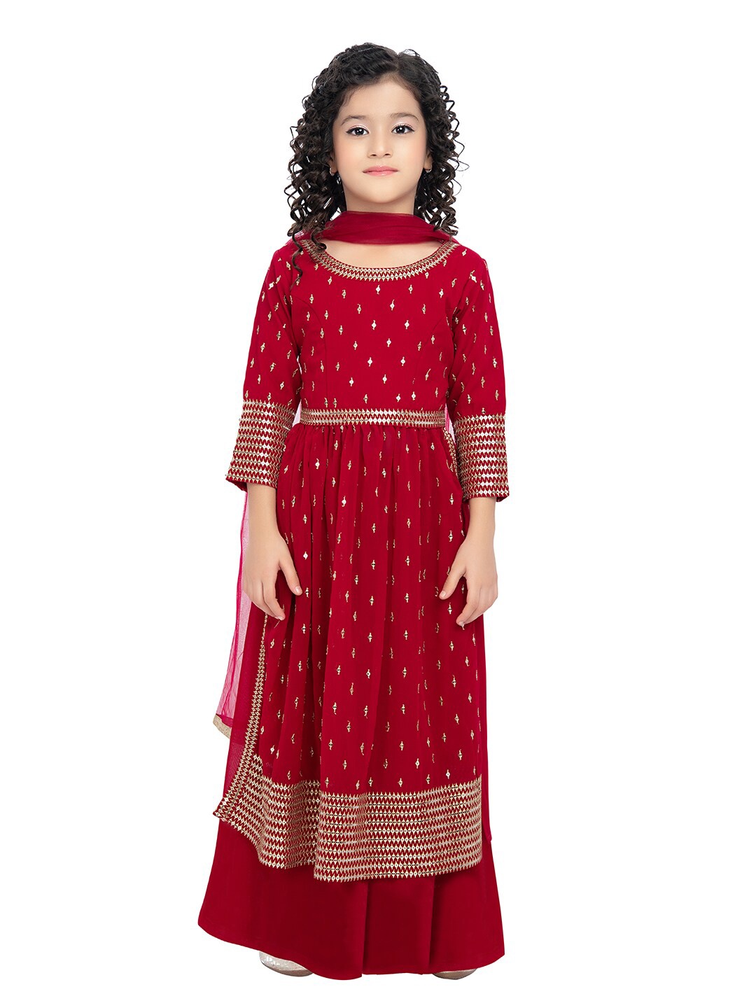 

BETTY Girls Red Embellished Kurta With Palazzo And Dupatta