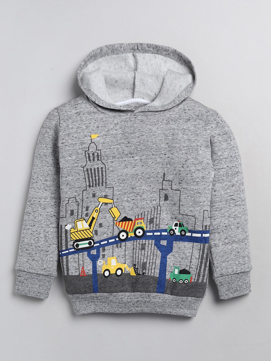 

YK Boys Grey Melange Truck Printed Hooded Sweatshirt