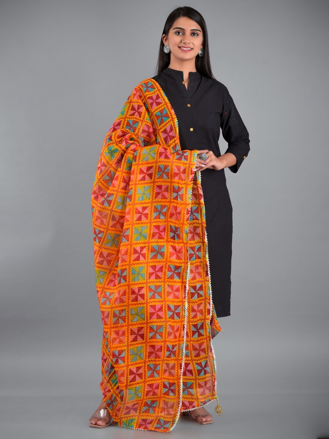 

Apratim Orange & Blue Printed Dupatta