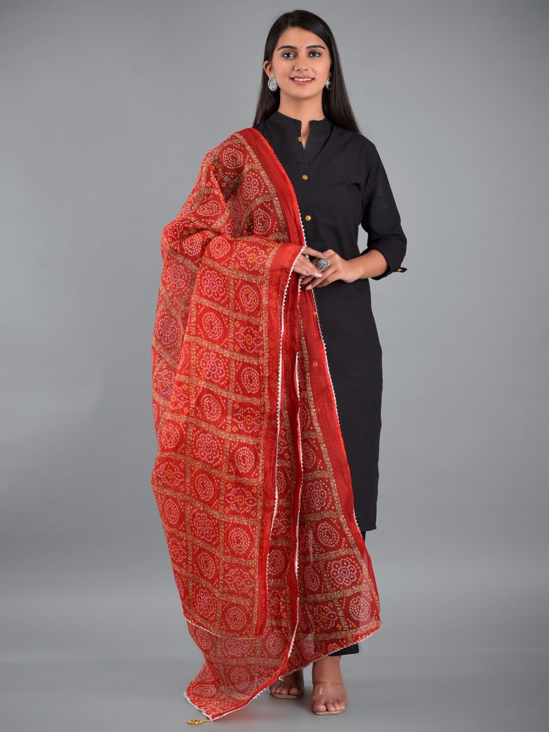 

Apratim Red & Yellow Printed Dupatta