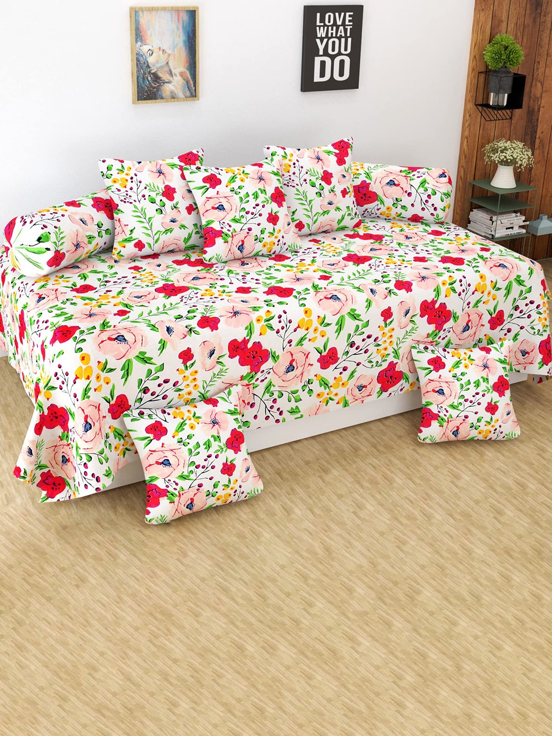 

MODEFE Set Of 8 Floral Printed Cotton Diwan Set, White