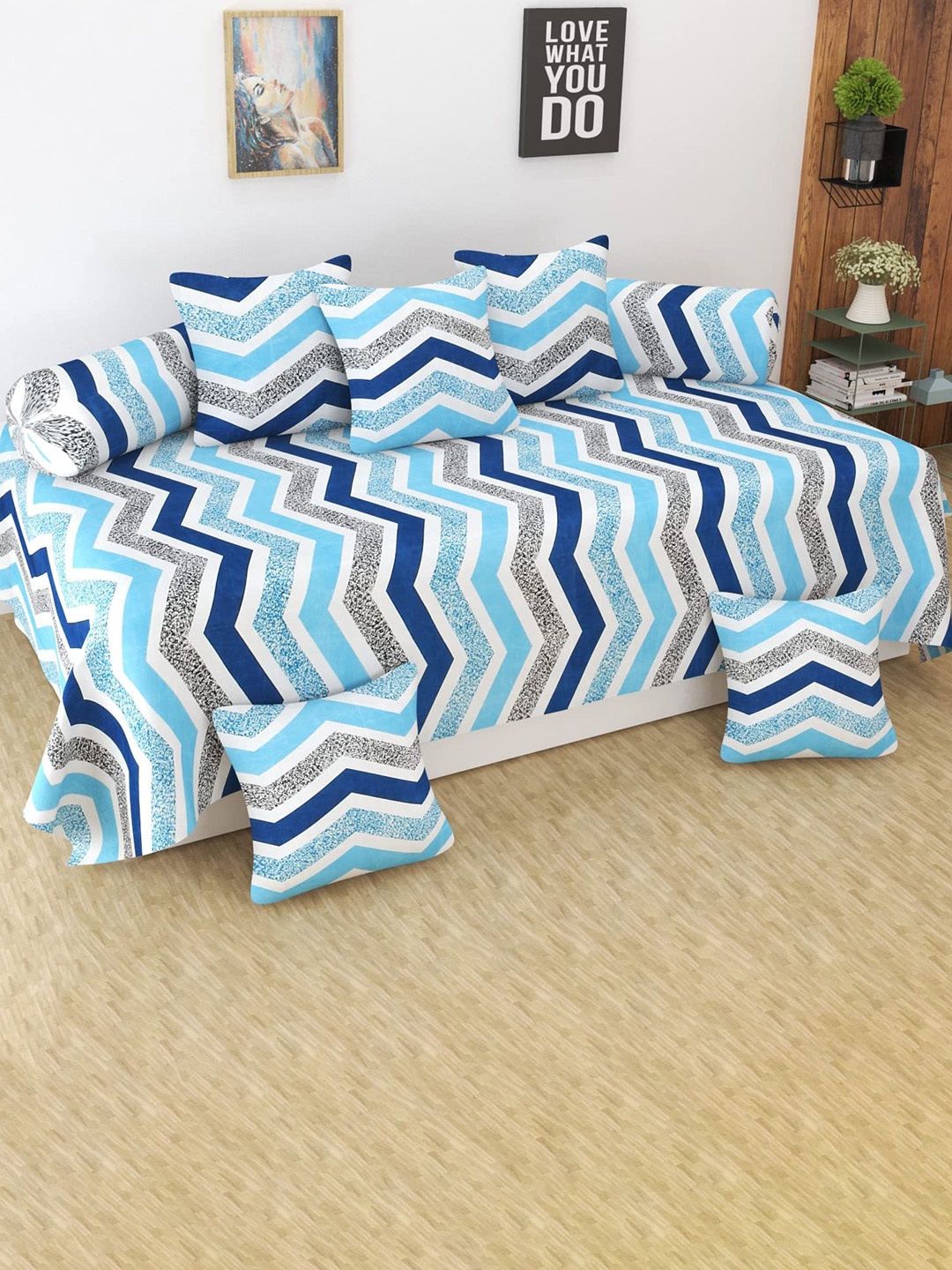 

MODEFE Set Of 8 Blue & White Geometric Printed Diwan Set