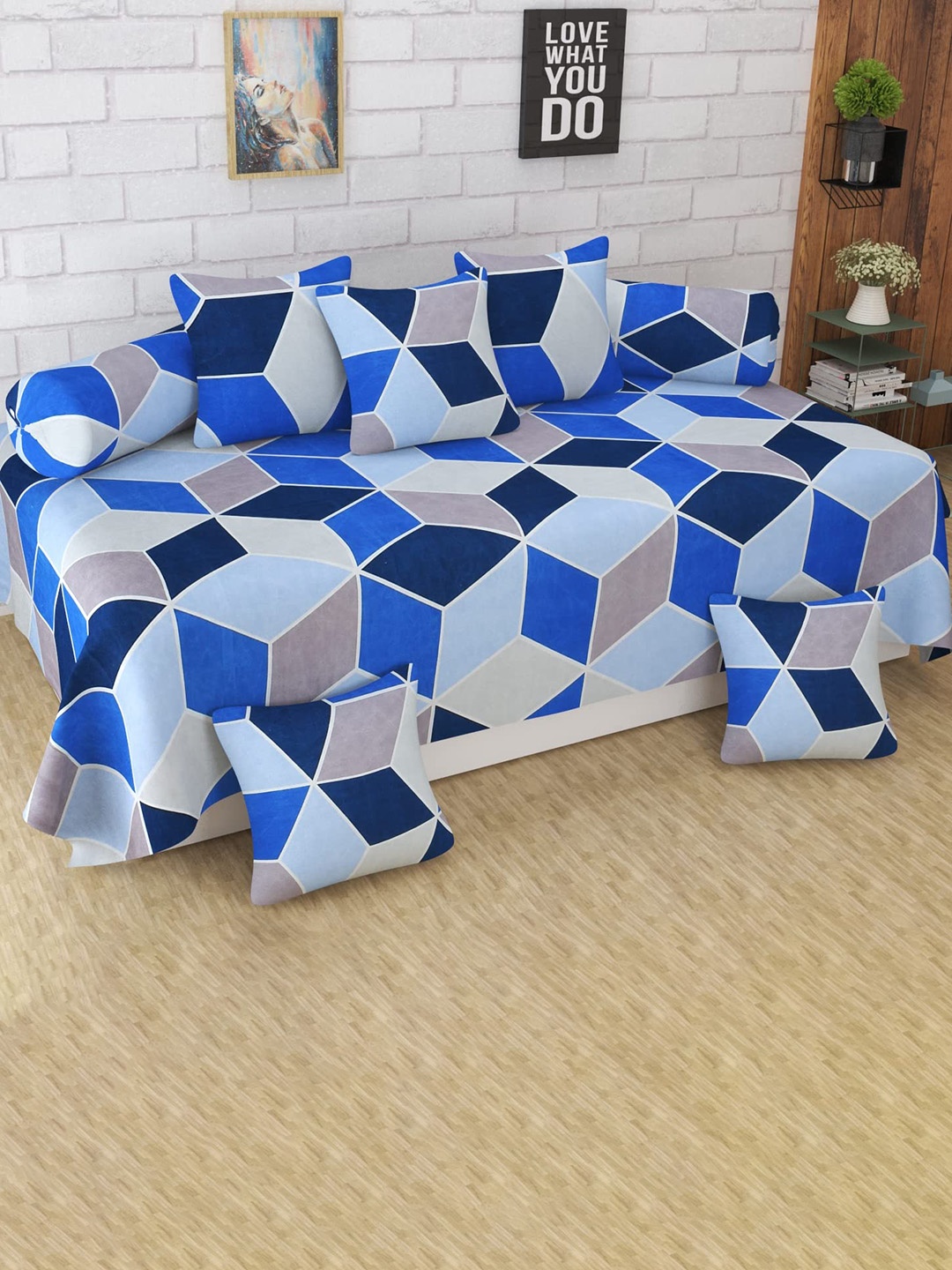 

MODEFE Set of 8 Geometric Printed Cotton Diwan Set, Blue