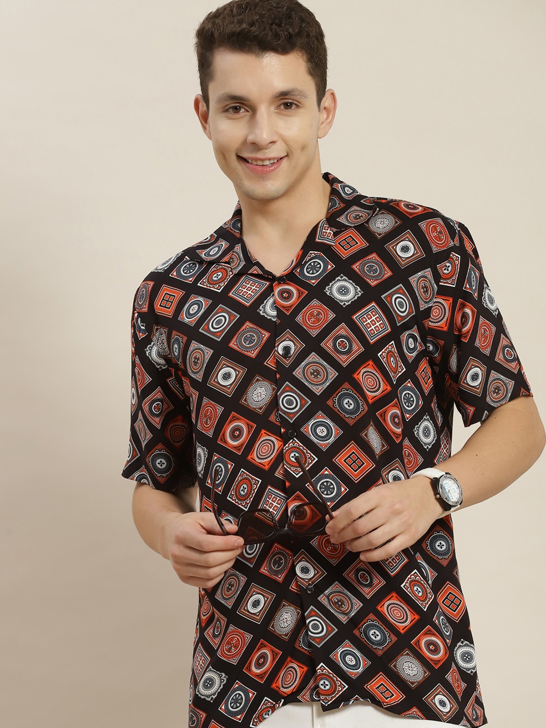 

Hancock Men Black Printed Relaxed Fit Casual Resort Shirt