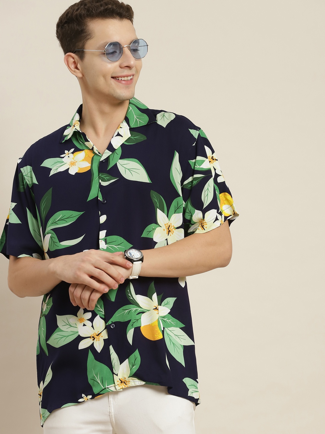 

Hancock Men Navy & Green Printed Relaxed Fit Casual Resort Shirt, Navy blue