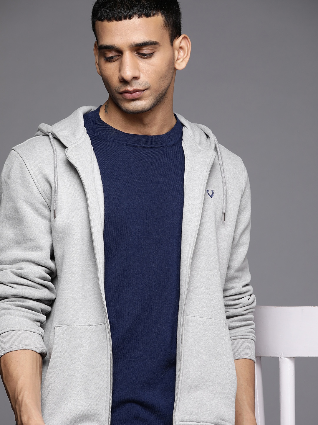 

Allen Solly Men Grey Melange Hooded Knitted Sweatshirt