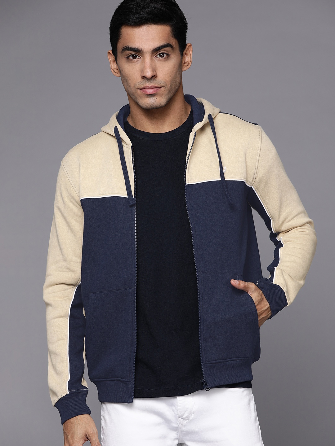 

Allen Solly Men Navy Blue & Cream-Coloured Colourblocked Hooded Sweatshirt