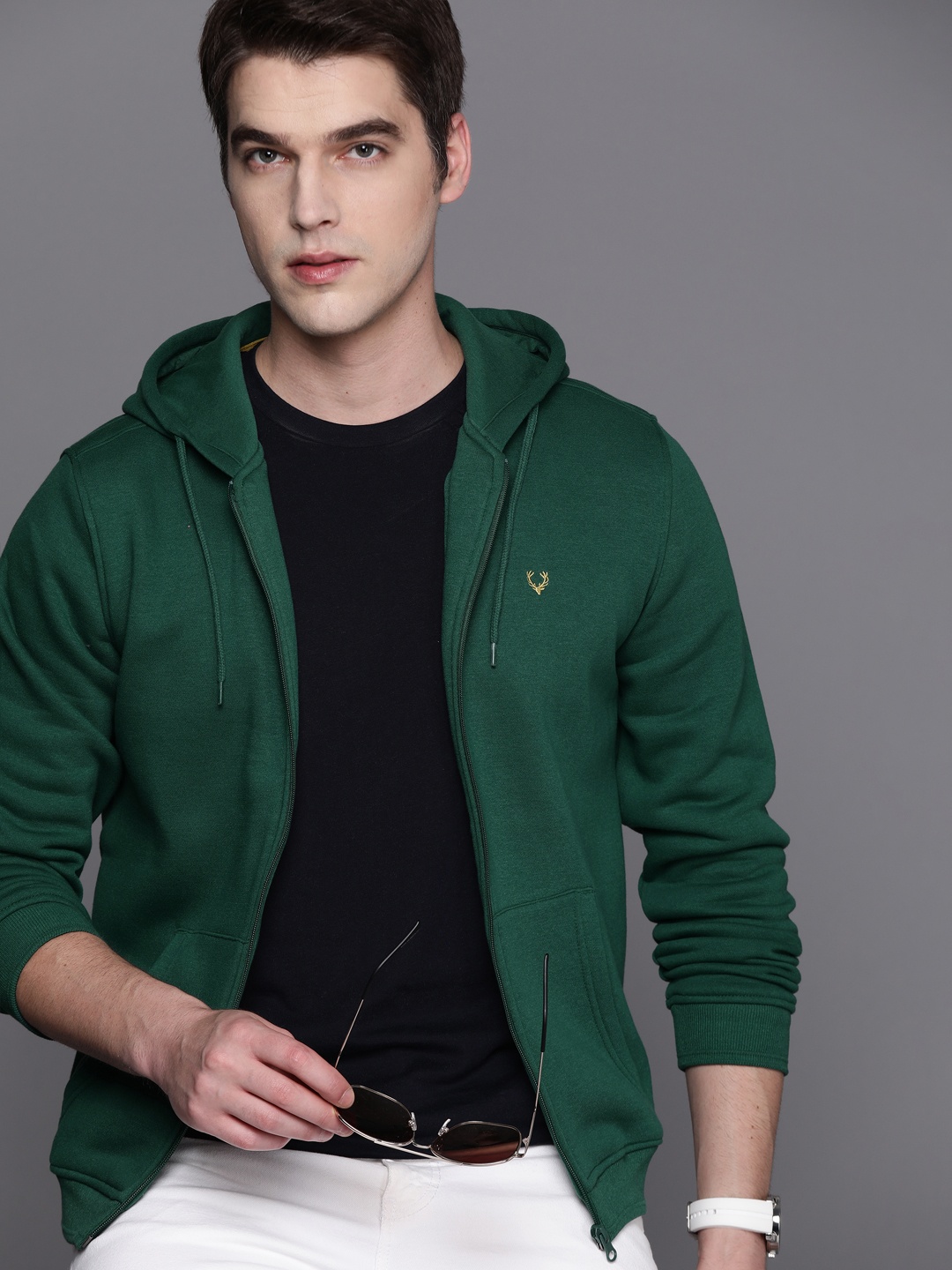 

Allen Solly Men Green Solid Front-Open Hooded Sweatshirt