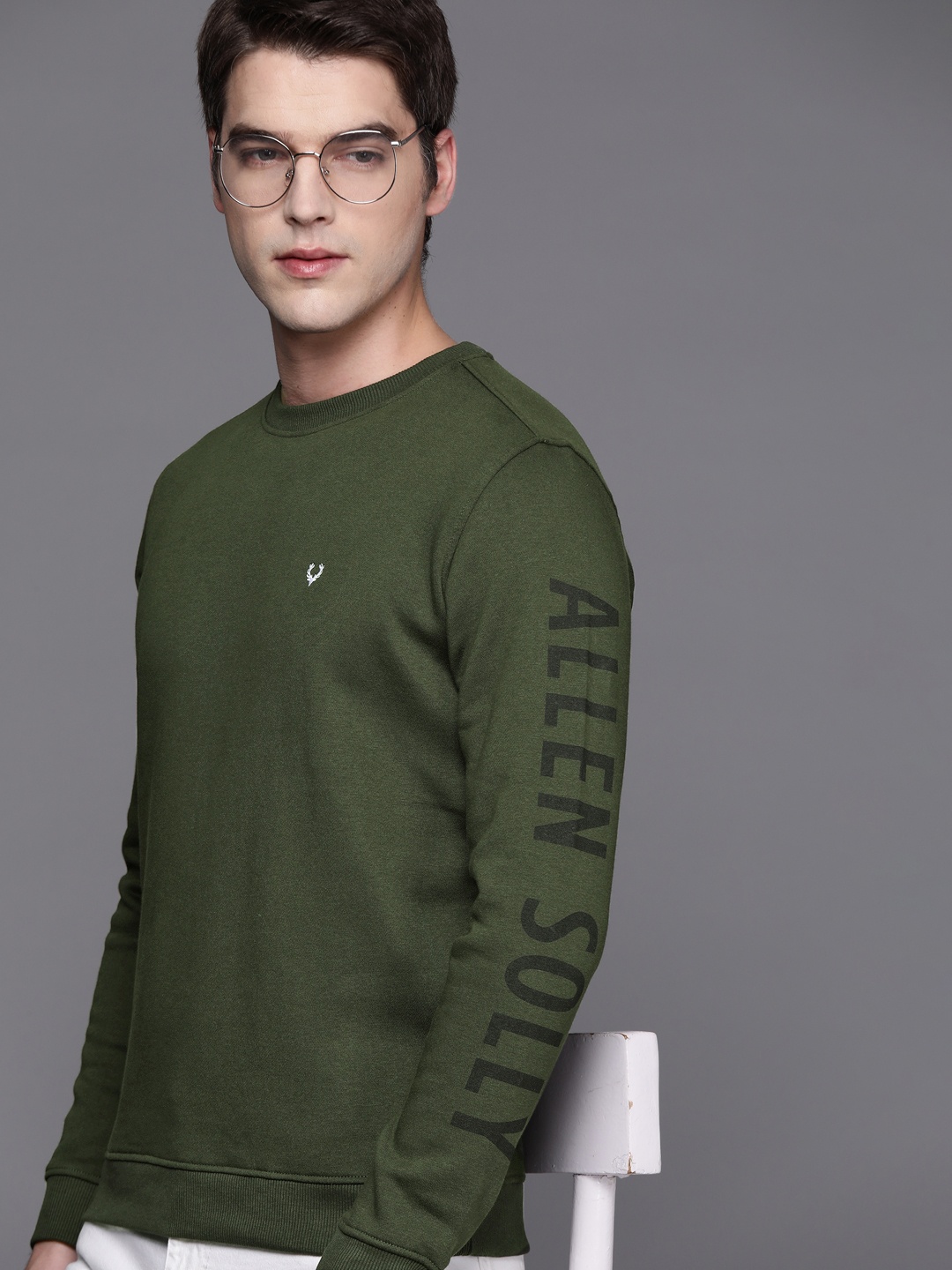 

Allen Solly Men Olive Green Solid Sweatshirt With Brand Logo Print Detail