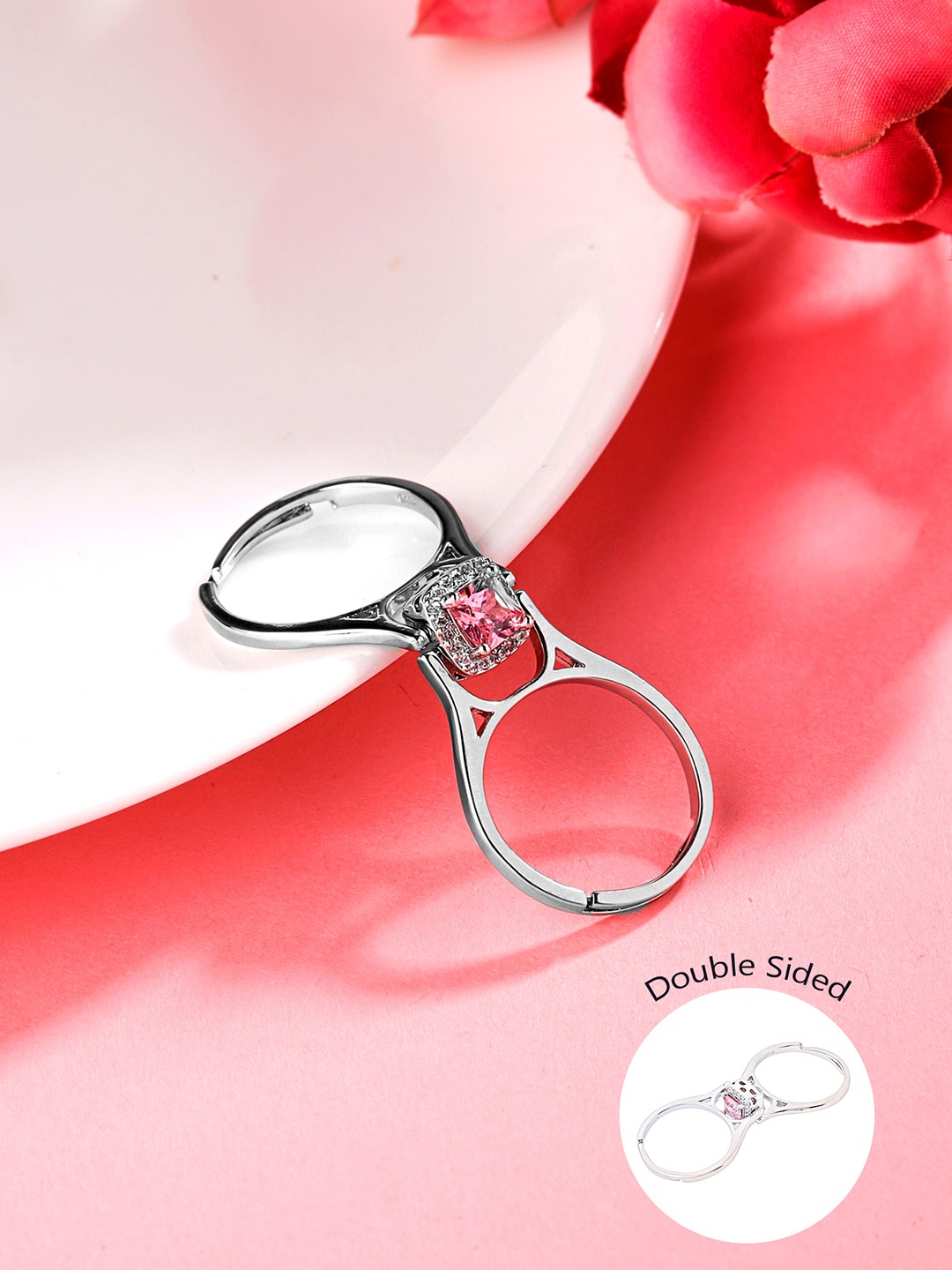 

Yellow Chimes Silver-Plated Pink Square Shaped Crystal Studded Dual Flip Ring