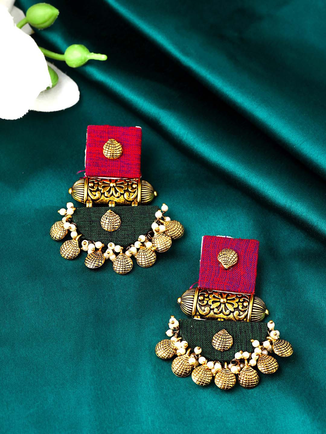 

Yellow Chimes Red & Green Gold-Plated Oxidised Moti Studded Fabric Drop Earrings