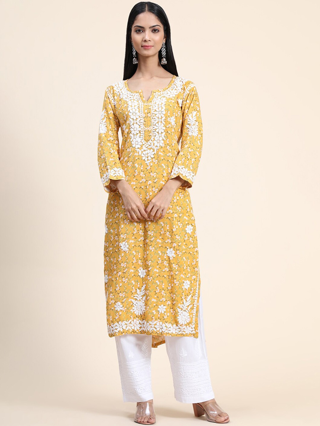 

HOUSE OF KARI Women Yellow Floral Printed Thread Work Kurta