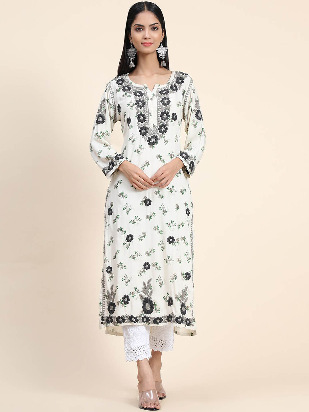 

HOUSE OF KARI Women Off White & Grey Floral Printed Kurta