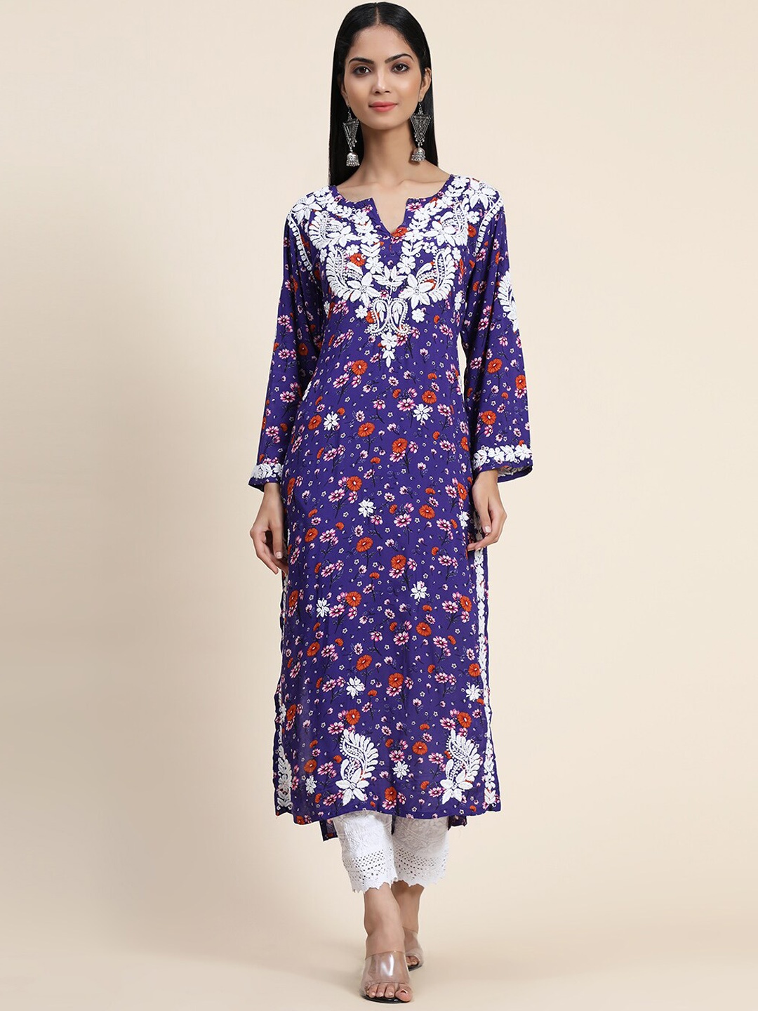 

HOUSE OF KARI Women Purple & White Floral Printed Chikankari Kurta