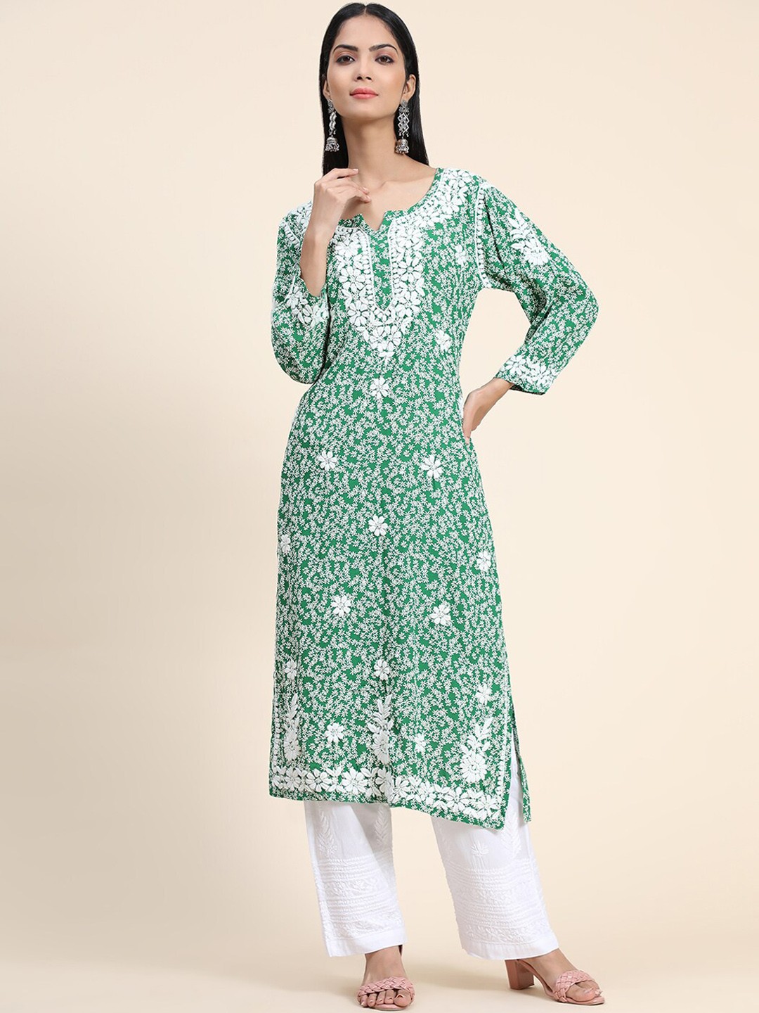 

HOUSE OF KARI Women Green & White Ethnic Motifs Printed Kurta