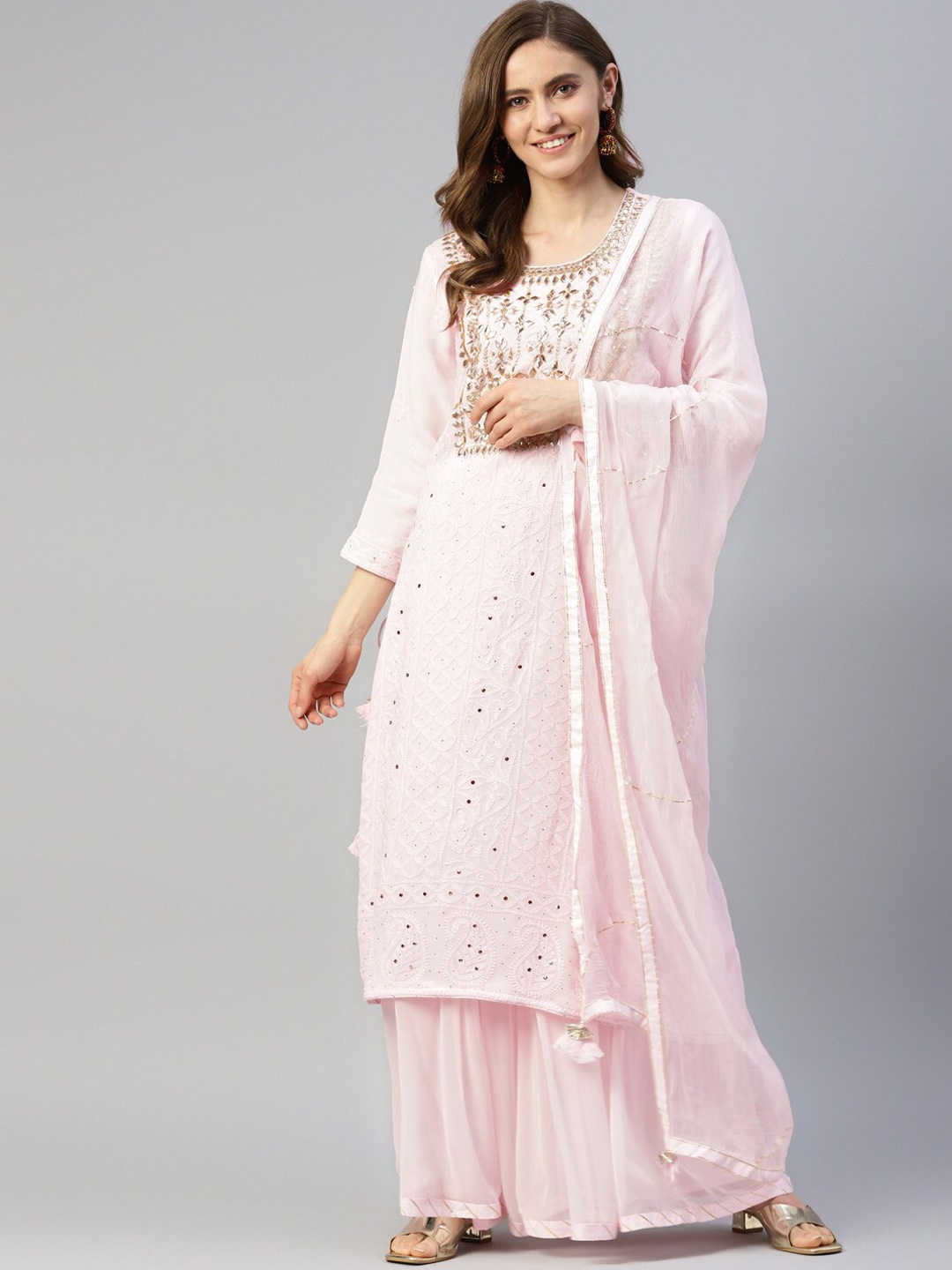 

Divena Women Pink Embroidered Zardozi Silk Georgette Kurta with Palazzos & With Dupatta