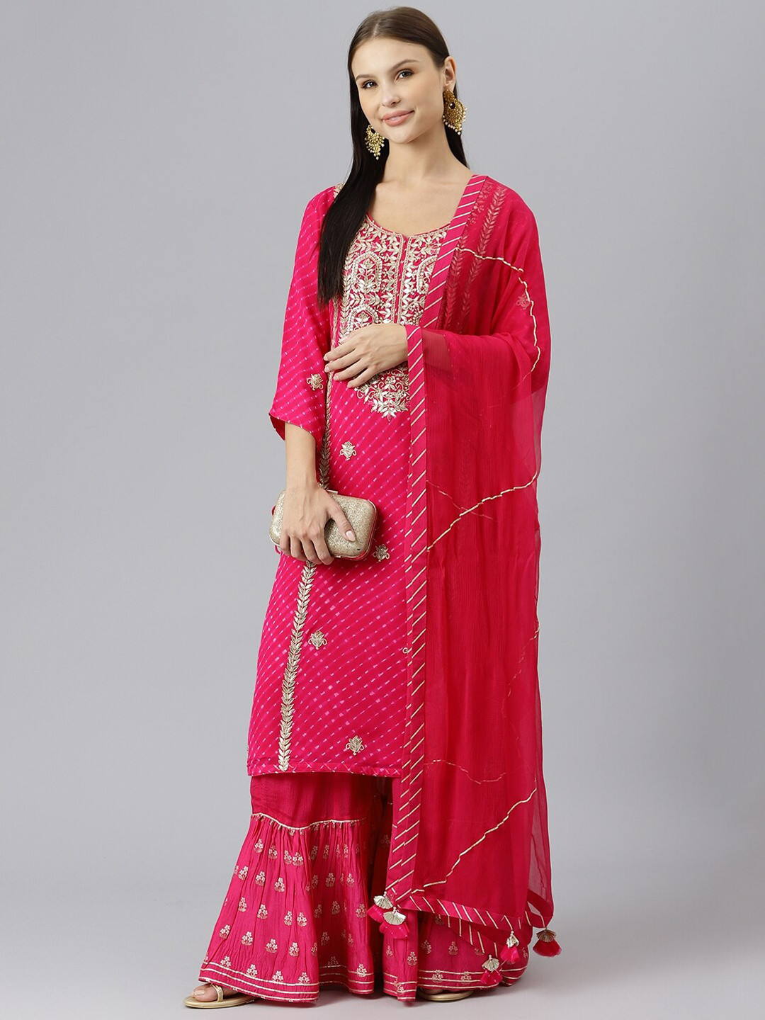 

Divena Women Pink Floral Embroidered Zardozi Silk Georgette Kurta with Sharara & Dupatta