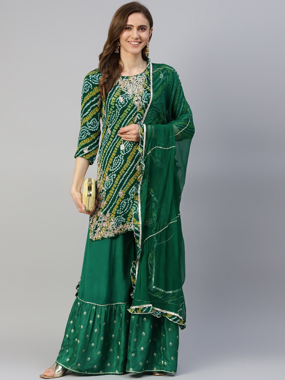 

Divena Women Green Bandhani Printed Mirror Work Silk Chiffon Kurta with Sharara & With Dupatta