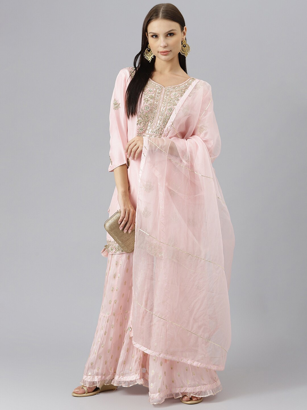 

Divena Women Pink Ethnic Motifs Embroidered Zardozi Chanderi Silk Kurta with Sharara & With Dupatta