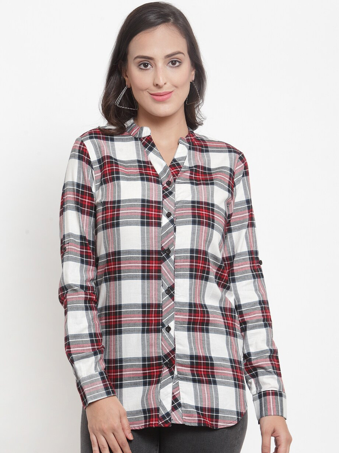 

Purple State Women White Comfort Tartan Checked Casual Shirt