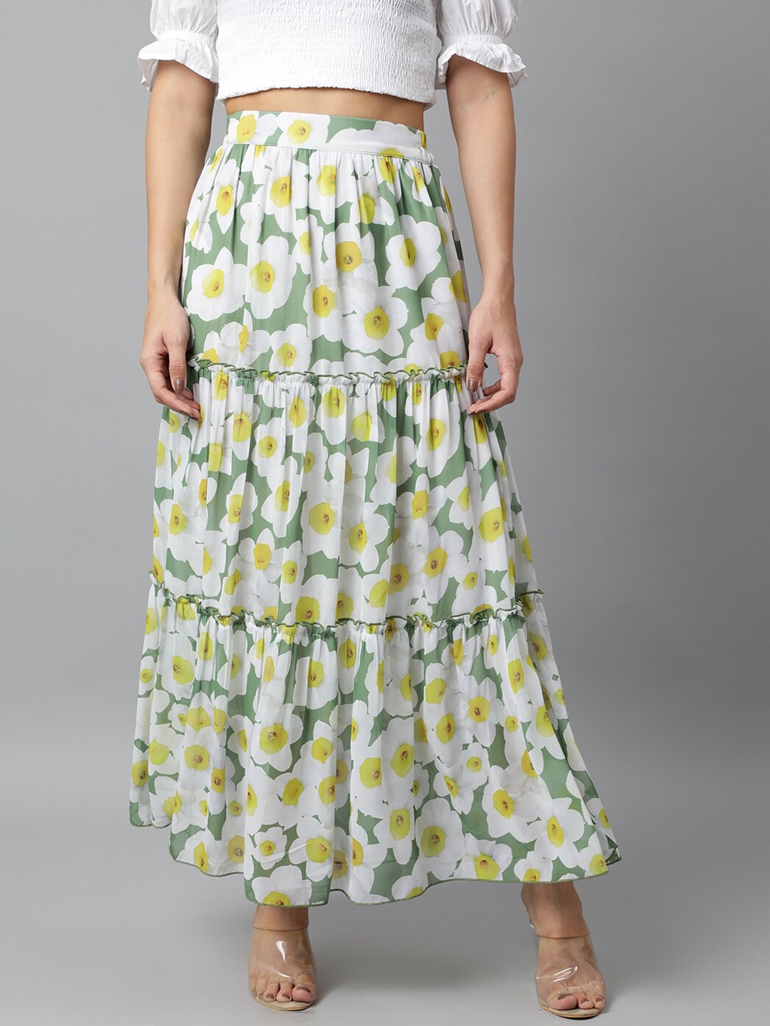 

DEEBACO Women Green Georgette Printed Flayered Skirt