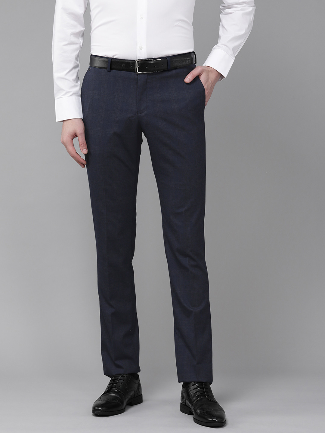 

Blackberrys Men Navy Blue Slim Fit Self-Checked Formal Trousers