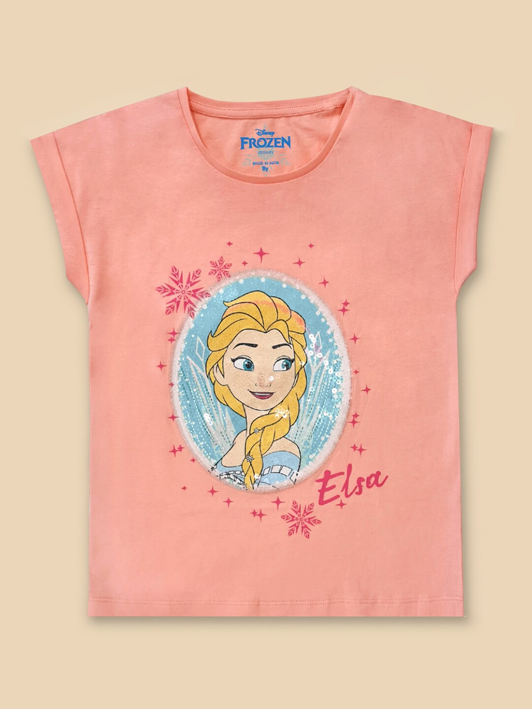 

Kids Ville Girls Peach-Coloured Frozen Printed Cotton Extended Sleeves Melba T-shirt