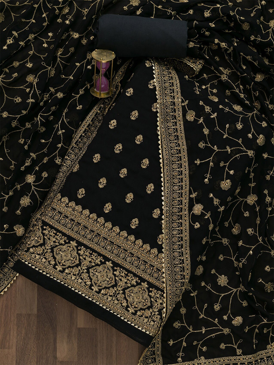 

Koskii Women Black & Gold-Toned Embroidered Art Silk Unstitched Dress Material